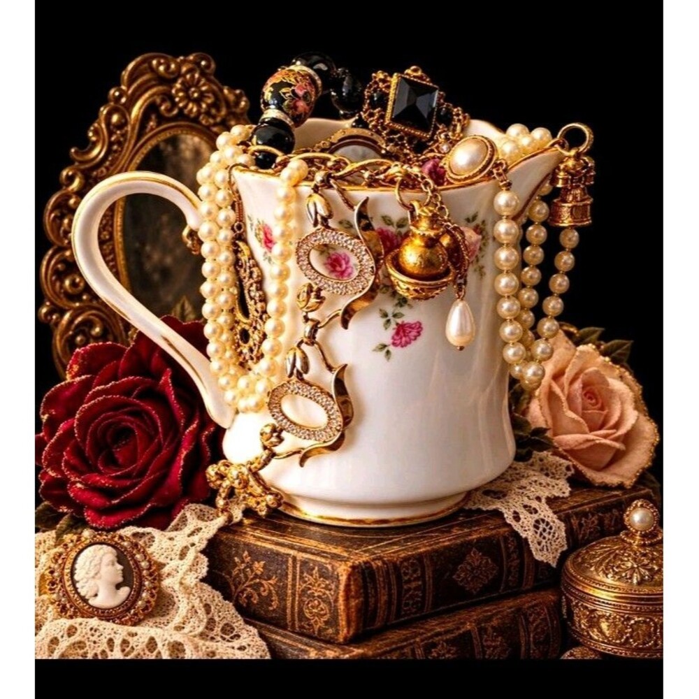 Vintage Victorian Jewelry Collection in Floral Porcelain cup –Estate Jewelry Lot